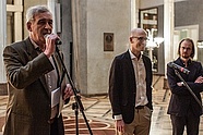 Waldemar Dąbrowski, Nicolas Grospierre, Karol Żurawski at the opening of the exhibition 'Nicolas Grospierre 50/50', 20 Nov. 2015. Photo: Jarosław Mazurek