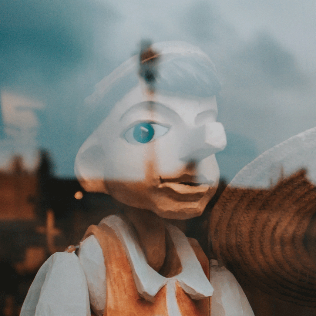 fotogrfia lalki Pinokio za szybą