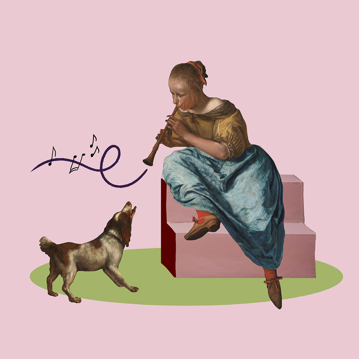 grafika kolażowa z kobietą grającą na flecie i psem