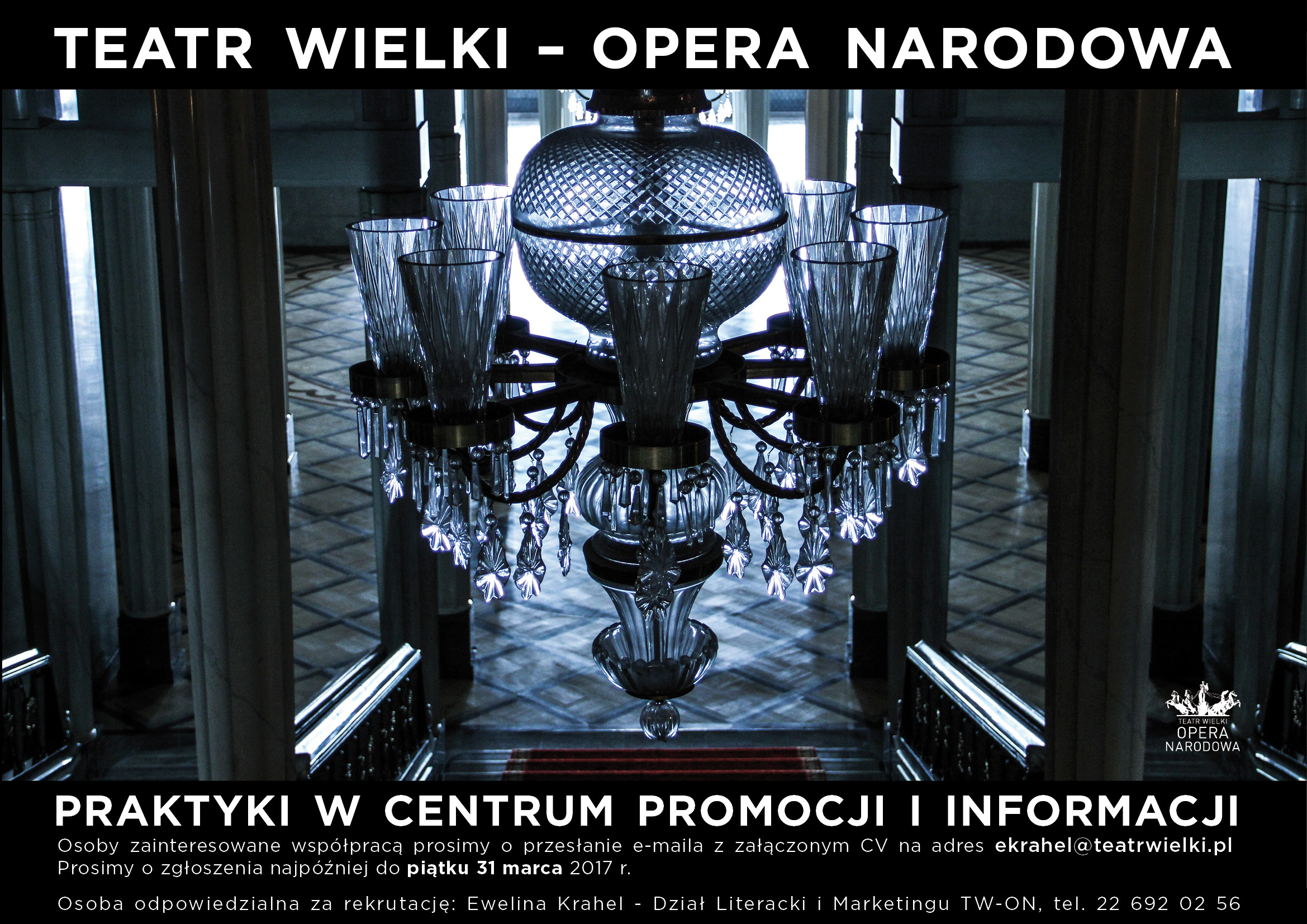 na zdjęciu wielki kryształowy żyrandol, w tle wnętrze korytarza w Teatrze Wielkim-Operze Narodowej, na dole powtórzony tekst z informacją o naborze