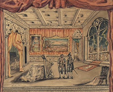 szkic sceny - pokój, na srodku dwóch mężczyzn i harfa