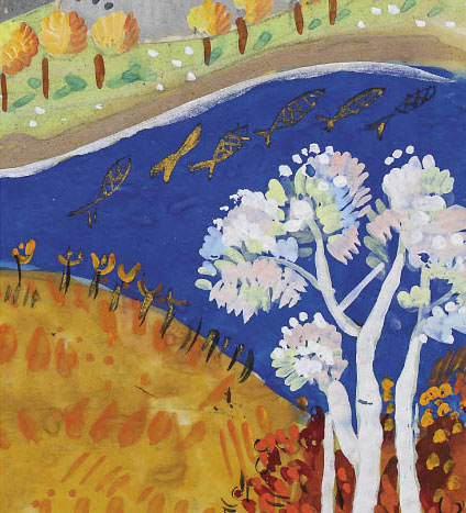 Kompozycja malarska z drzewami, wodą, rybami, łąką i polem