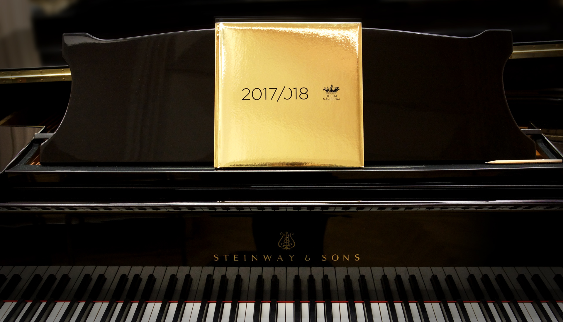 Pictured: Gold-bound book propped on a piano