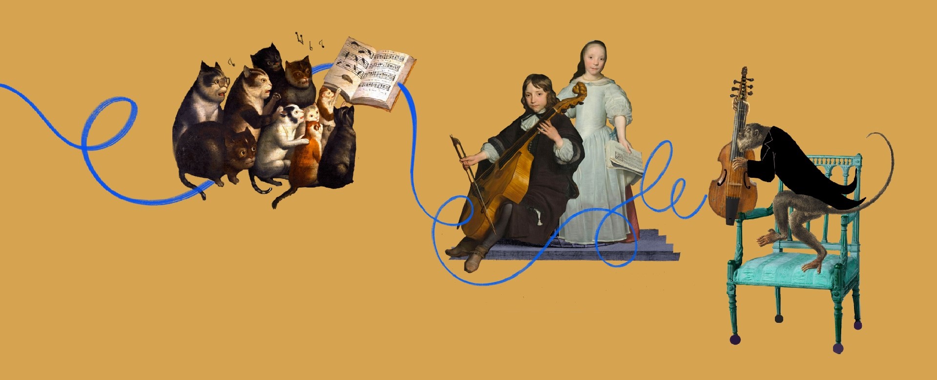 Grafikaz kotami, małpką i dziećmi uczącymi się śpiewu i gry na instrumentach